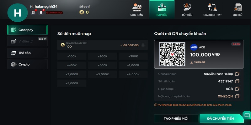 Để nạp tiền thành công anh em cần xác minh thông tin đầy đủ